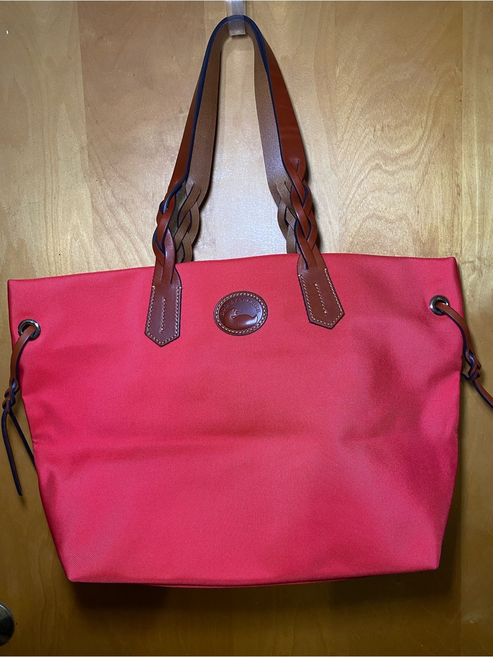 Dooney & Bourke Red Tote with Braided Brown Leather Straps